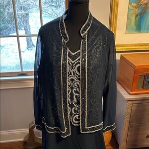 J Kara Navy and Silver Embellished Two-Piece Evening Dress